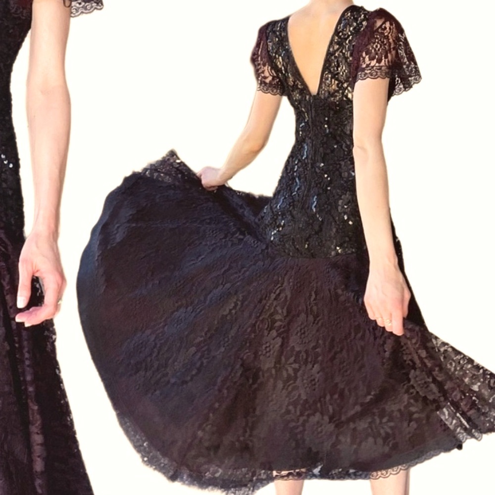 HW Collections USA Womens Vintage 80s Black Lace Long Midi Tea Length Dress 8
